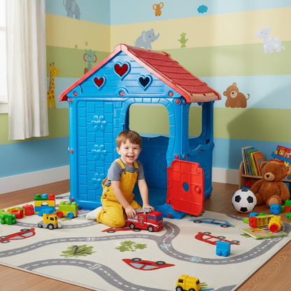Casuta de joaca pentru copii Bezubi Kids FUN, colturi rotunjite, sigur si rezistent, interior/exterior, demontabila, cu usa si ferestre, design ergonomic, 2 locuri, varsta 1+ ani, dimensiuni 98x92x116 cm, albastru cu rosu