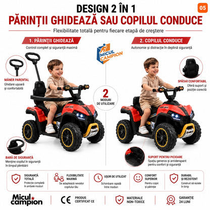 ATV de impins pentru copii Invincio Micul Campion OffRoad 2 in 1, 2-7 ani, maner parental, bara protectie si parasolar detasabile, Faruri functionale, panou muzical USB, suport picioare, max. 30 kg, Rosu