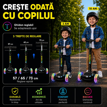 Trotineta Premium 3 Roti Copii Invincio® Happy, Sistem de Iluminat LED Multi-Color, Roti Silentioase cu Rulmenti ABEC-7, Ghidon Reglabil, Design Ergonomic, 3-10 Ani, Negru Carbon