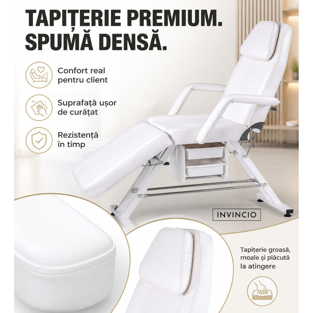 Pat Cosmetica reglabil INVINCIO Profesional, masa SPA, masaj, gene, tatuaje, scaun inclus, spatar si perna picioare reglabile, manere si perna cap detasabile, 2 sertare, 180x60cm, pana la 150kg, usor de curatat, piele ecologica alba