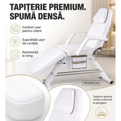 Pat Cosmetica reglabil INVINCIO Profesional, masa SPA, masaj, gene, tatuaje, scaun inclus, spatar si perna picioare reglabile, manere si perna cap detasabile, 2 sertare, 180x60cm, pana la 150kg, usor de curatat, piele ecologica alba