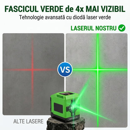 Nivela laser verde Invincio Practic Pro, fascicol Laser Verde Vizibil in cruce pentru vertical si orizontal, auto-nivelare ±4º grade, raza 30 m, intensitati luminare, functie blocare pentru linii diagonale, precizie ±1 mm, verde