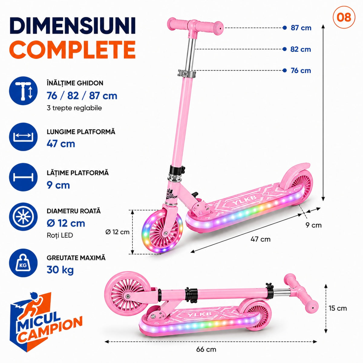 Trotineta copii LED Invincio Micul Campion Pilot, 2-10 ani, pliabila, 2 roti, 7 culori LED, 14 moduri iluminare, platforma anti-derapanta, roti luminoase, ghidon reglabil 3 nivele 76-87 cm, frana spate, cadru rezistent si usor suporta pana la 30kg, Roz