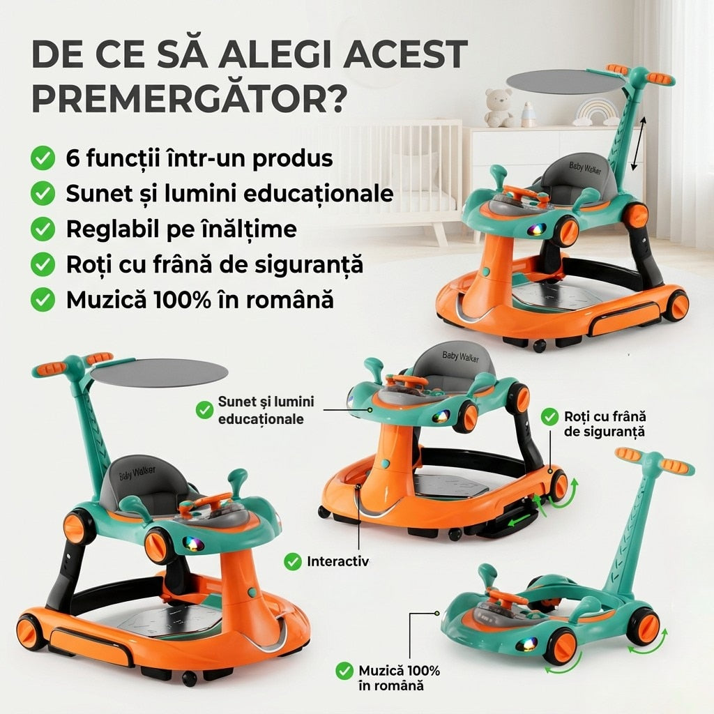 Premergator Invincio Micul Campion Driver, Lumini si 5 Melodii educationale in Limba Romana, multifunctional, antemergator, umbrar si maner control parental, reglabil pe inaltime, roti cu frana de siguranta, Portocaliu Turcoaz