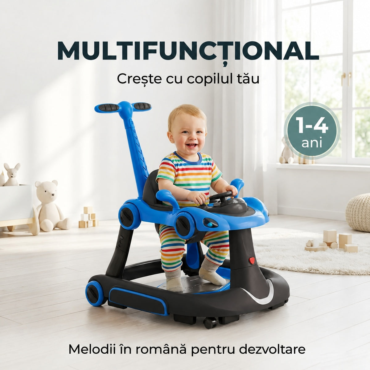 Premergator Invincio Micul Campion Driver, Lumini si 5 Melodii educationale in Limba Romana, multifunctional, antemergator, umbrar si maner control parental, reglabil pe inaltime, roti cu frana de siguranta, albastru negru
