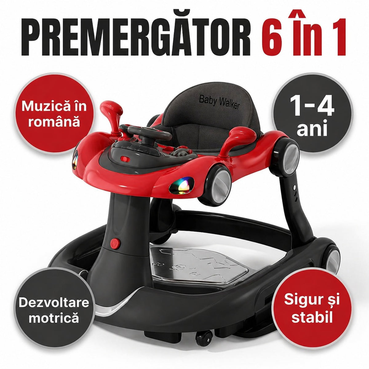 Premergator Invincio Micul Campion Driver, Lumini si 5 Melodii educationale in Limba Romana, multifunctional, antemergator, umbrar si maner control parental, reglabil pe inaltime, roti cu frana de siguranta, Rosu Negru