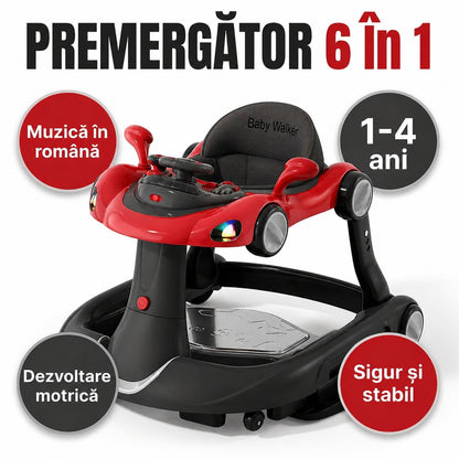 Premergator Invincio Micul Campion Driver, Lumini si 5 Melodii educationale in Limba Romana, multifunctional, antemergator, umbrar si maner control parental, reglabil pe inaltime, roti cu frana de siguranta, Rosu Negru