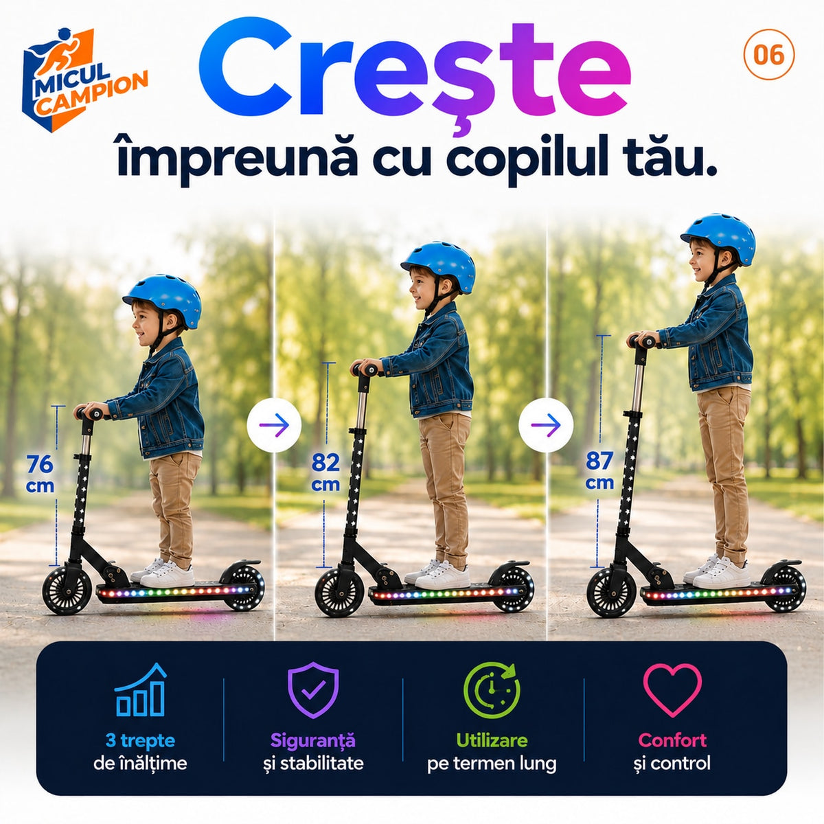 Trotineta copii LED Invincio Micul Campion Pilot, 2-10 ani, pliabila, 2 roti, 7 culori LED, 14 moduri iluminare, platforma anti-derapanta, roti luminoase, ghidon reglabil 3 nivele 76-87 cm, frana spate, cadru rezistent si usor suporta pana la 30kg, Negru