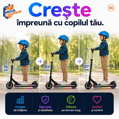 Trotineta copii LED Invincio Micul Campion Pilot, 2-10 ani, pliabila, 2 roti, 7 culori LED, 14 moduri iluminare, platforma anti-derapanta, roti luminoase, ghidon reglabil 3 nivele 76-87 cm, frana spate, cadru rezistent si usor suporta pana la 30kg, Negru