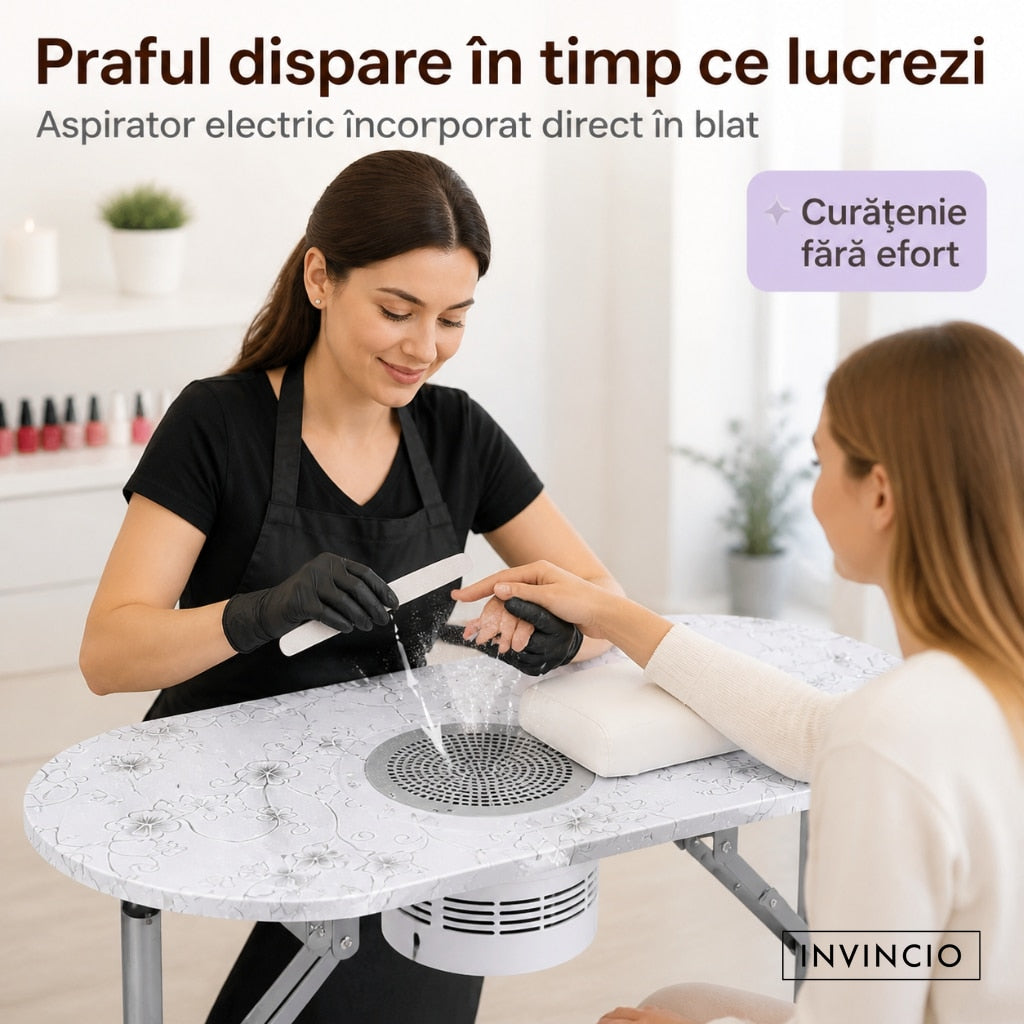 Masa pliabila pentru manichiura INVINCIO Practic Style, aspirator praf de unghii de mare putere vortex, perna incheieturi inclusa, roti deplasare, blat spatios usor de curatat, portabila si pliabila, alba