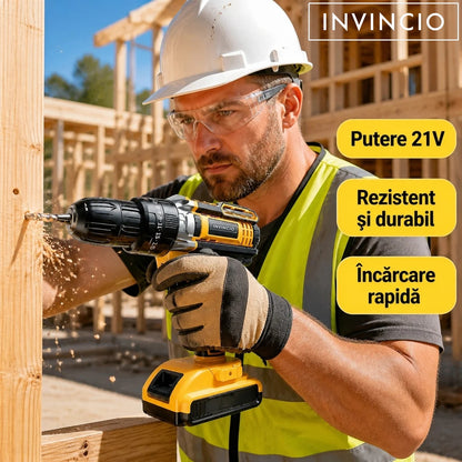 Bormasina cu acumulator INVINCIO Profesional, masina de gaurit cu percutie, 2 baterii 2000mAh Li-Ion, 2 trepte 400/2000 RPM, accesorii, 35 Nm, autofiletanta, masina de insurubat, mandrina rapida 0.8–10 mm, surubelnita electrica, cutie BMC