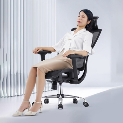 Scaun ergonomic de birou, Invincio Garry-H Full, spatar inalt din mesh, tetiera si suport lombar reglabil, cotiere reglabile pe inaltime, sezut culisant din spuma, mecanism balans cu 3 pozitii de blocare, baza nylon 340mm si roti 55mm, negru