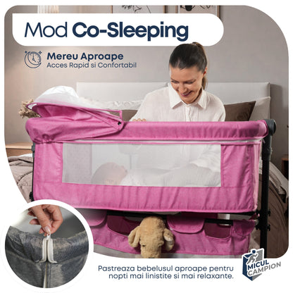 Pat nou-nascut Invincio Dream, Patut bebelus pliabil si portabil, Functie Co-Sleeper si Leganare, Saltea si plasa anti-tantari incluse, Inaltime Reglabila 2 Pozitii si inclinare anti-reflux, Cos Depozitare, Roti cu Blocare, 95×60×80cm, Pana la 15kg, Roz
