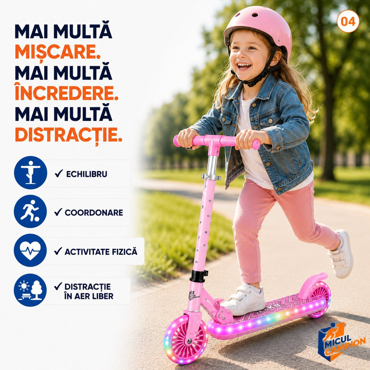 Trotineta copii LED Invincio Micul Campion Pilot, 2-10 ani, pliabila, 2 roti, 7 culori LED, 14 moduri iluminare, platforma anti-derapanta, roti luminoase, ghidon reglabil 3 nivele 76-87 cm, frana spate, cadru rezistent si usor suporta pana la 30kg, Roz