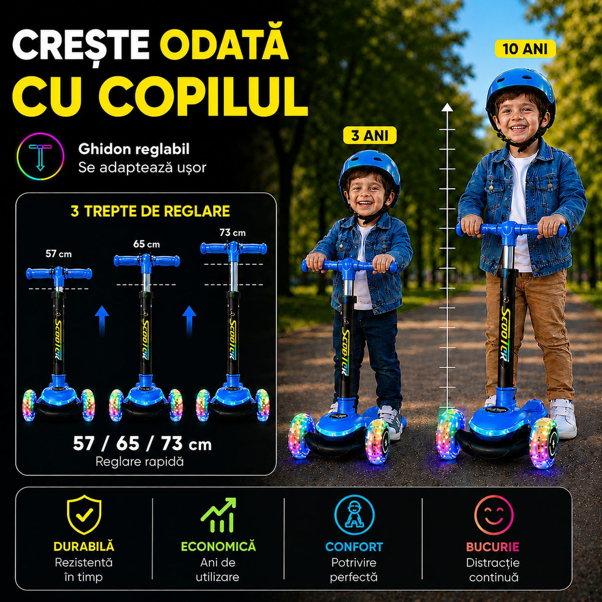 Trotineta 3 Roti Copii Invincio® Happy, 20 Moduri Iluminare LED RGB, Roti Luminoase PU silentioase si aderente, Ghidon Pliabil si Telescopic 3 Trepte, Stabilitate Maxima, Pana la 50kg, 3-10 Ani, Albastru Royal
