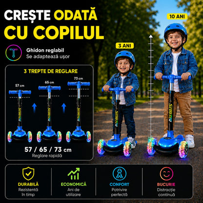 Trotineta 3 Roti Copii Invincio® Happy, 20 Moduri Iluminare LED RGB, Roti Luminoase PU silentioase si aderente, Ghidon Pliabil si Telescopic 3 Trepte, Stabilitate Maxima, Pana la 50kg, 3-10 Ani, Albastru Royal