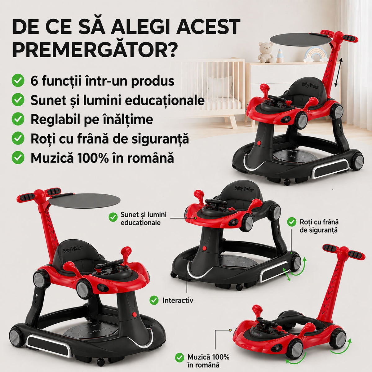 Premergator Invincio Micul Campion Driver, Lumini si 5 Melodii educationale in Limba Romana, multifunctional, antemergator, umbrar si maner control parental, reglabil pe inaltime, roti cu frana de siguranta, Rosu Negru