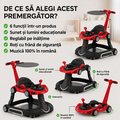 Premergator Invincio Micul Campion Driver, Lumini si 5 Melodii educationale in Limba Romana, multifunctional, antemergator, umbrar si maner control parental, reglabil pe inaltime, roti cu frana de siguranta, Rosu Negru