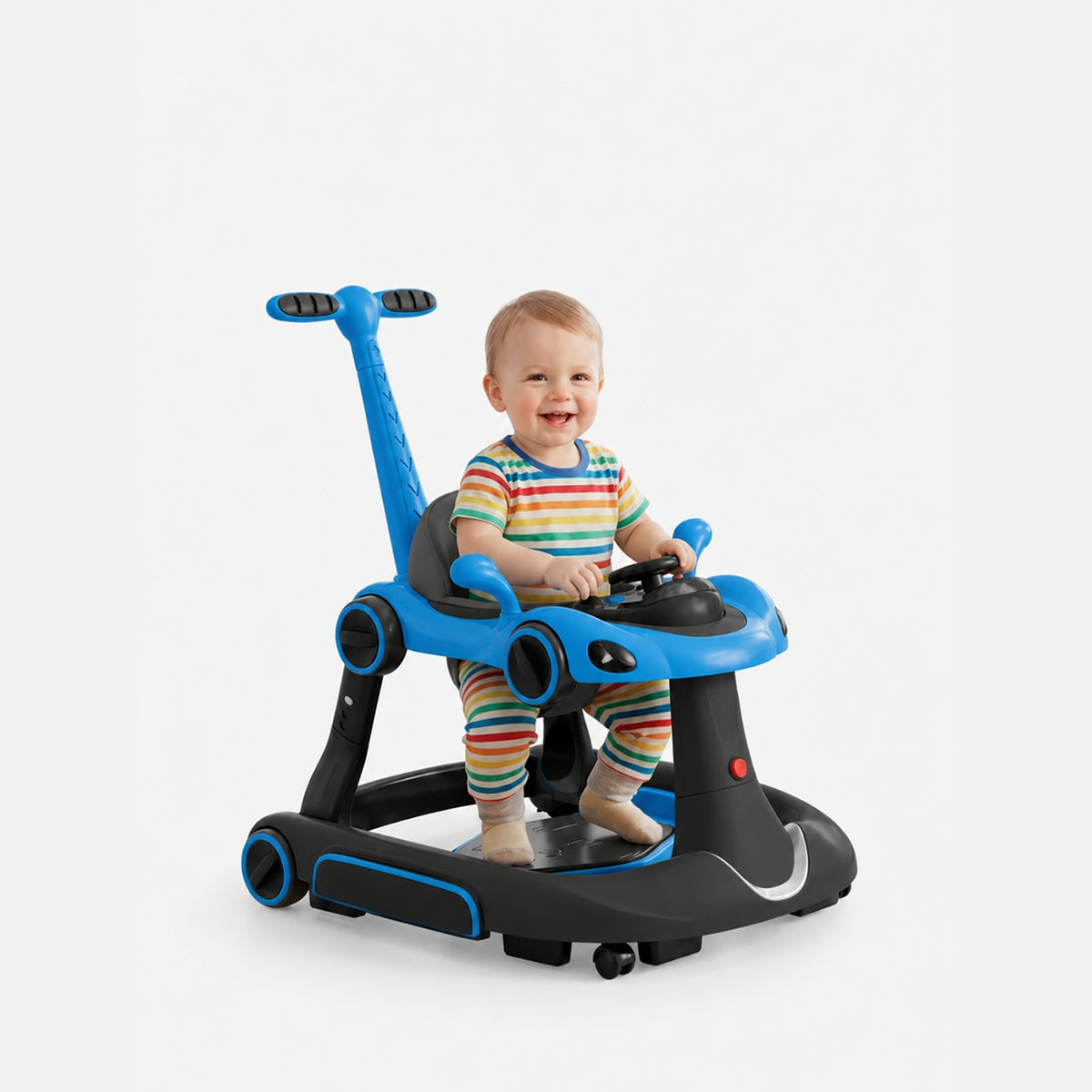 Premergator Invincio Micul Campion Driver, Lumini si 5 Melodii educationale in Limba Romana, multifunctional, antemergator, umbrar si maner control parental, reglabil pe inaltime, roti cu frana de siguranta, albastru negru