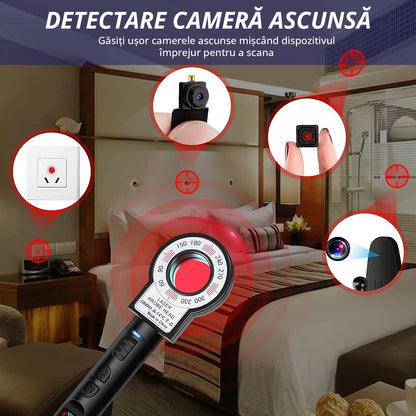 Detector camere si microfoane spion, Invincio, portabil, 12 nivele detectie cu indicator LED si sonor, detecteaza localizatoare GPS/GSM si reportofoane si alte surse ascunse, frecvente 100 micro HZ-8GHZ, lungime 13 cm, negru mat