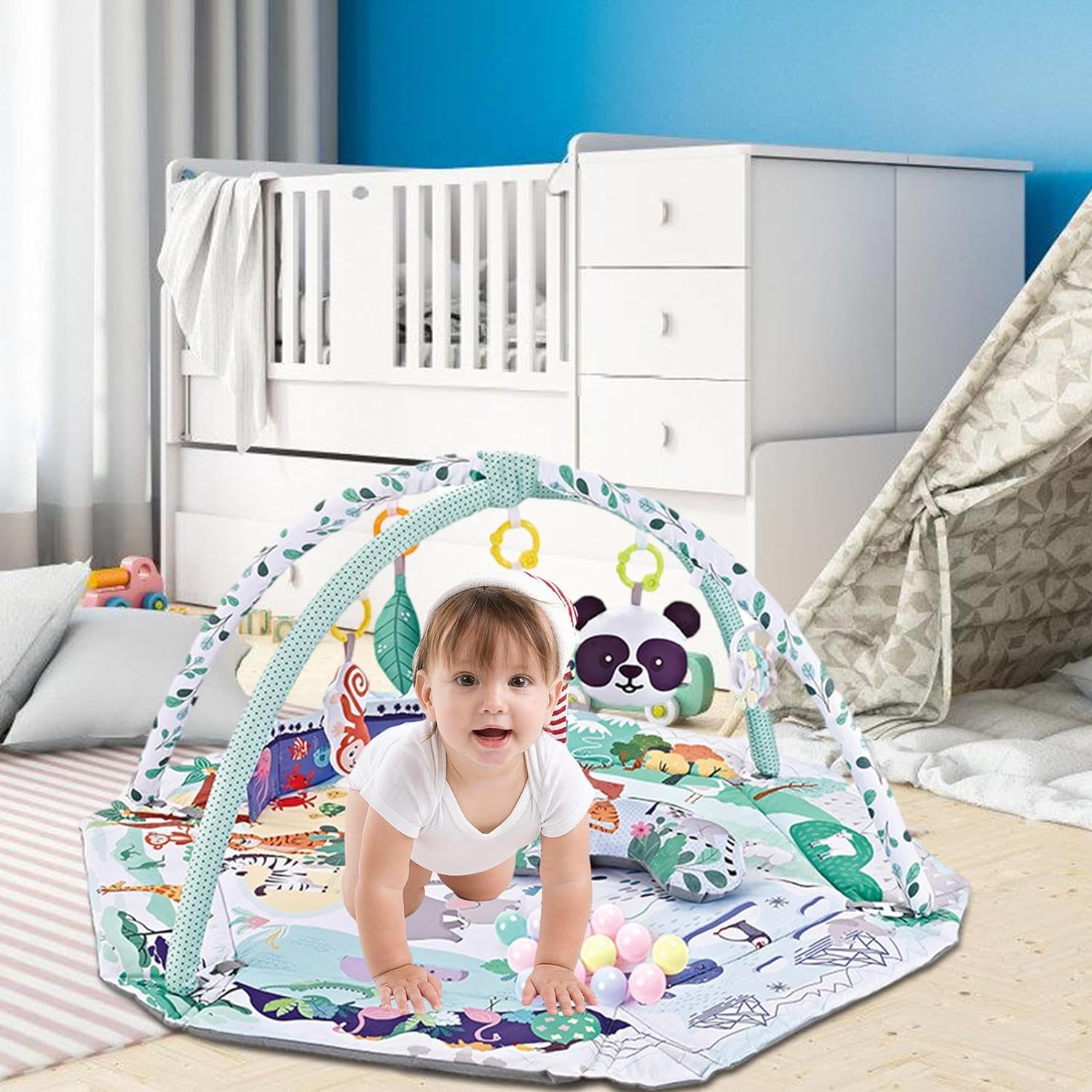 Centru de Activitati, Saltea si Tarc de Joaca, 3 in 1 interactiv, INVINCIO PlaySafe, cu Perna, 20 de Bile Colorate, 7 Jucarii, Arcade suport zornaitori, Covor Gros si Moale, Lavabil, culoare alb cu verde