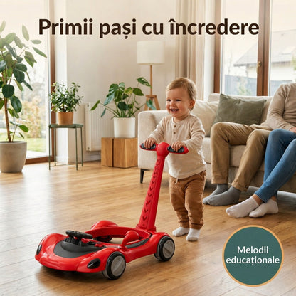 Premergator Invincio Micul Campion Driver, Lumini si 5 Melodii educationale in Limba Romana, multifunctional, antemergator, umbrar si maner control parental, reglabil pe inaltime, roti cu frana de siguranta, Rosu Negru