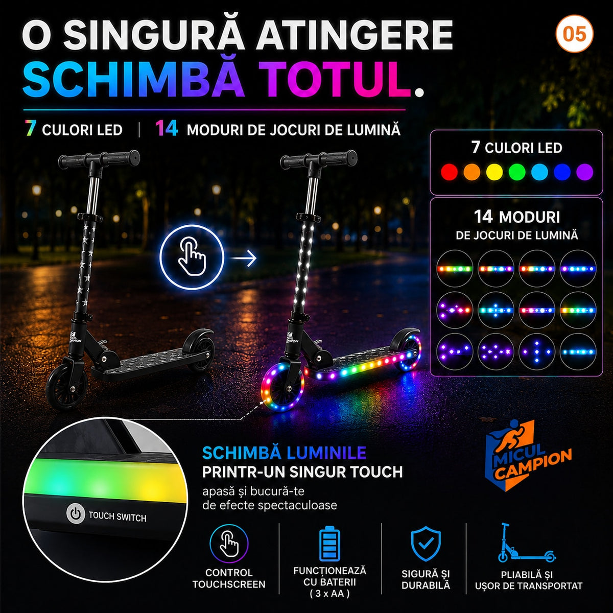 Trotineta copii LED Invincio Micul Campion Pilot, 2-10 ani, pliabila, 2 roti, 7 culori LED, 14 moduri iluminare, platforma anti-derapanta, roti luminoase, ghidon reglabil 3 nivele 76-87 cm, frana spate, cadru rezistent si usor suporta pana la 30kg, Negru