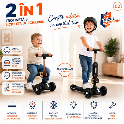 Trotineta copii 2 in 1 cu scaun INVINCIO Play Micul Campion, Bicicleta de echilibru, 3 roti EVA pline si silentioase, Lumina LED frontala Siguranta Sporita, Ghidon reglabil, Pliabila usor de depozitat si transportat, 2-5 ani, max. 30 kg, Negru