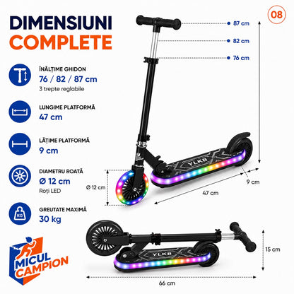 Trotineta copii LED Invincio Micul Campion Pilot, 2-10 ani, pliabila, 2 roti, 7 culori LED, 14 moduri iluminare, platforma anti-derapanta, roti luminoase, ghidon reglabil 3 nivele 76-87 cm, frana spate, cadru rezistent si usor suporta pana la 30kg, Negru