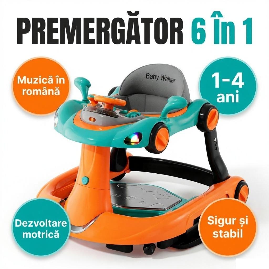 Premergator Invincio Micul Campion Driver, Lumini si 5 Melodii educationale in Limba Romana, multifunctional, antemergator, umbrar si maner control parental, reglabil pe inaltime, roti cu frana de siguranta, Portocaliu Turcoaz
