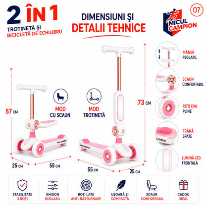 Trotineta Fete 2 in 1 INVINCIO Play – Bicicleta de Echilibru cu Scaun rabatabil, 3 Roti EVA pline silentioase, LED Frontal pentru siguranta sporita, Pliabila usor de depozitat si transportat, Ghidon Reglabil, Frana Spate, 2-5 ani, Max. 30 kg, Alb/Roz