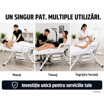 Pat Cosmetica reglabil INVINCIO Profesional, masa SPA, masaj, gene, tatuaje, scaun inclus, spatar si perna picioare reglabile, manere si perna cap detasabile, 2 sertare, 180x60cm, pana la 150kg, usor de curatat, piele ecologica alba