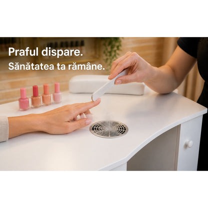 Masa manichiura profesionala Invincio, cu aspirator de praf, 4 sertare si dulap lateral, alb, 120x45x76 cm