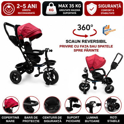 Tricicleta Micul Campion Explorer 360, Scaun Reversibil, Lumini si Muzica, Rosu, 2-5 Ani, Max. 35 Kg