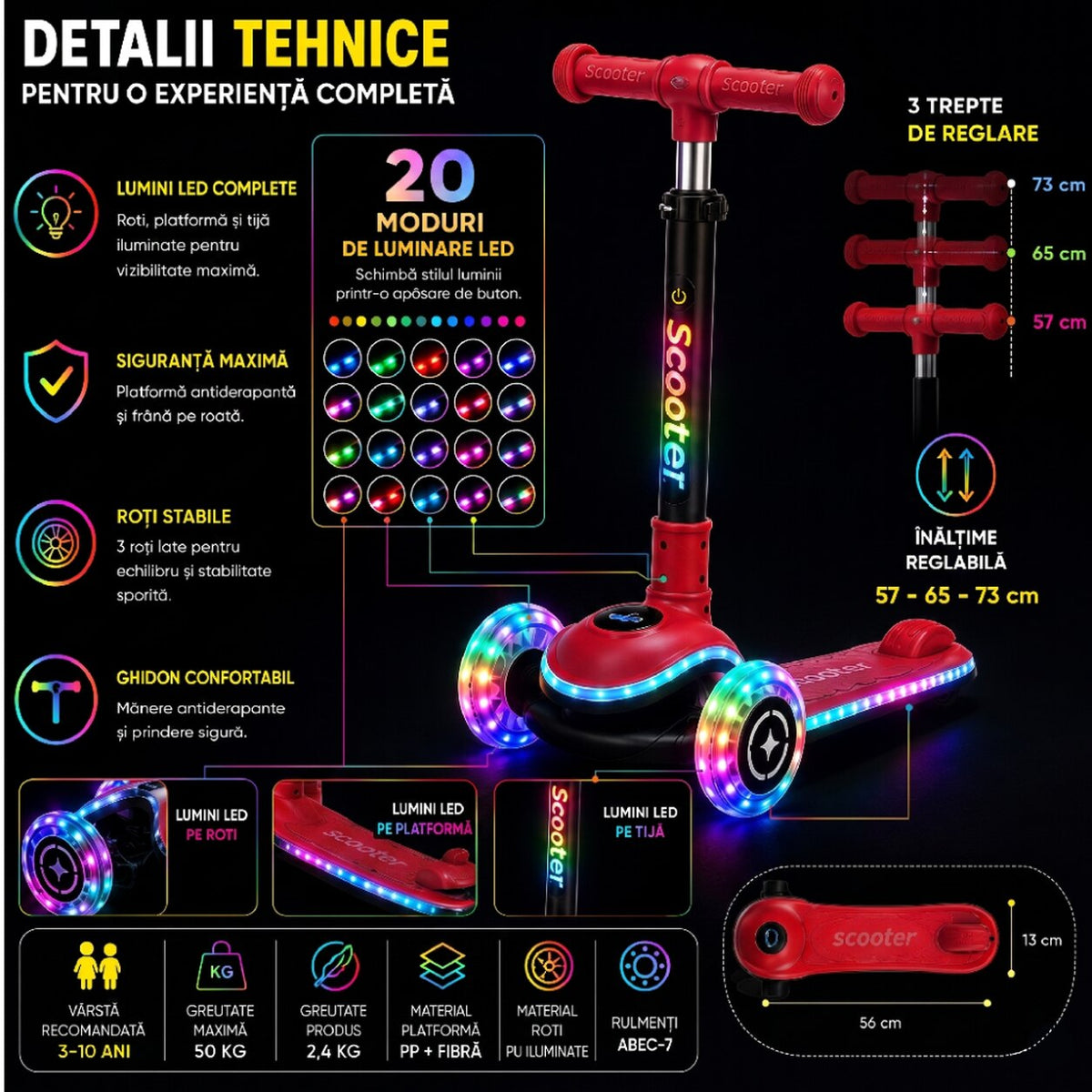 Trotineta Copii 3 Roti Invincio® Happy, Editie cu Lumini LED Complete (Roti/Platforma/Tija), Control Intuitiv prin Inclinare, Materiale Premium Durabile, 3-10 Ani, Rosu Vibrant
