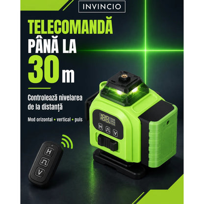 Nivela cu laser verde INVINCIO 4D cu telecomanda, 16 linii orizontal, vertical, perimetral, trepied si prindere magnetica, cumpana uz interior si exterior, auto-nivelare +/-3grade, rotire 360 grade, 2 acumulatori de schimb