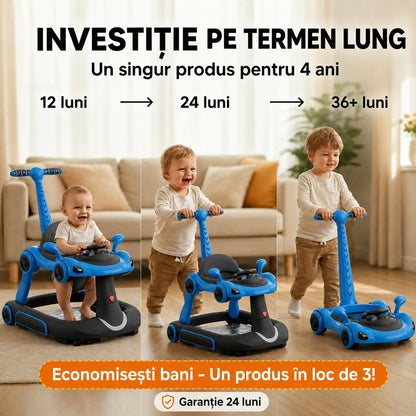 Premergator Invincio Micul Campion Driver, Lumini si 5 Melodii educationale in Limba Romana, multifunctional, antemergator, umbrar si maner control parental, reglabil pe inaltime, roti cu frana de siguranta, albastru negru