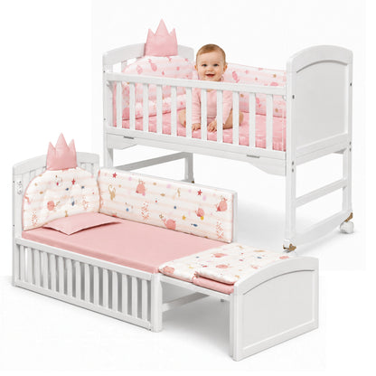 Patut 3 in 1 Invincio Vise Frumoase, pat bebelusi 0-2 ani, extensibil pentru copii 2-6 ani, Birou 6 ani+, Saltea Perna si Protectii Incluse, Plasa anti-tantari, Laterala culisanta pentru co-sleep langa patul parintilor, Balansoar, roti, alb-roz