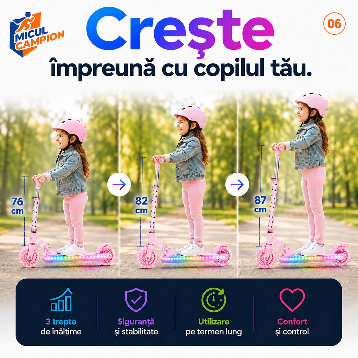 Trotineta copii LED Invincio Micul Campion Pilot, 2-10 ani, pliabila, 2 roti, 7 culori LED, 14 moduri iluminare, platforma anti-derapanta, roti luminoase, ghidon reglabil 3 nivele 76-87 cm, frana spate, cadru rezistent si usor suporta pana la 30kg, Roz