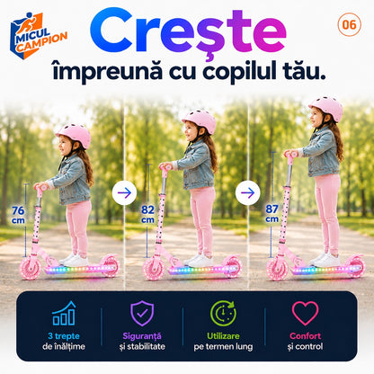 Trotineta copii LED Invincio Micul Campion Pilot, 2-10 ani, pliabila, 2 roti, 7 culori LED, 14 moduri iluminare, platforma anti-derapanta, roti luminoase, ghidon reglabil 3 nivele 76-87 cm, frana spate, cadru rezistent si usor suporta pana la 30kg, Roz