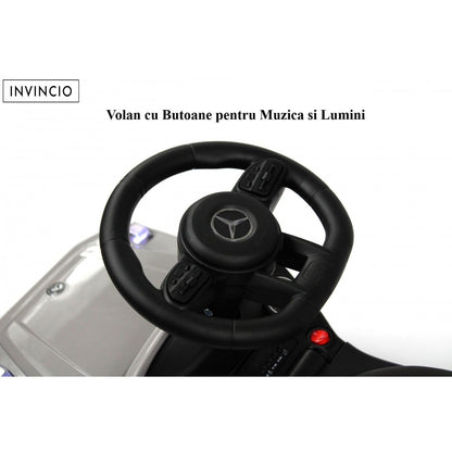 Masina de copii Invincio Mercedes G Class, Muzica si Lumini, Functie de balansoar, Depozitare sub sezut, masinuta cu spatar, Gri metalizat