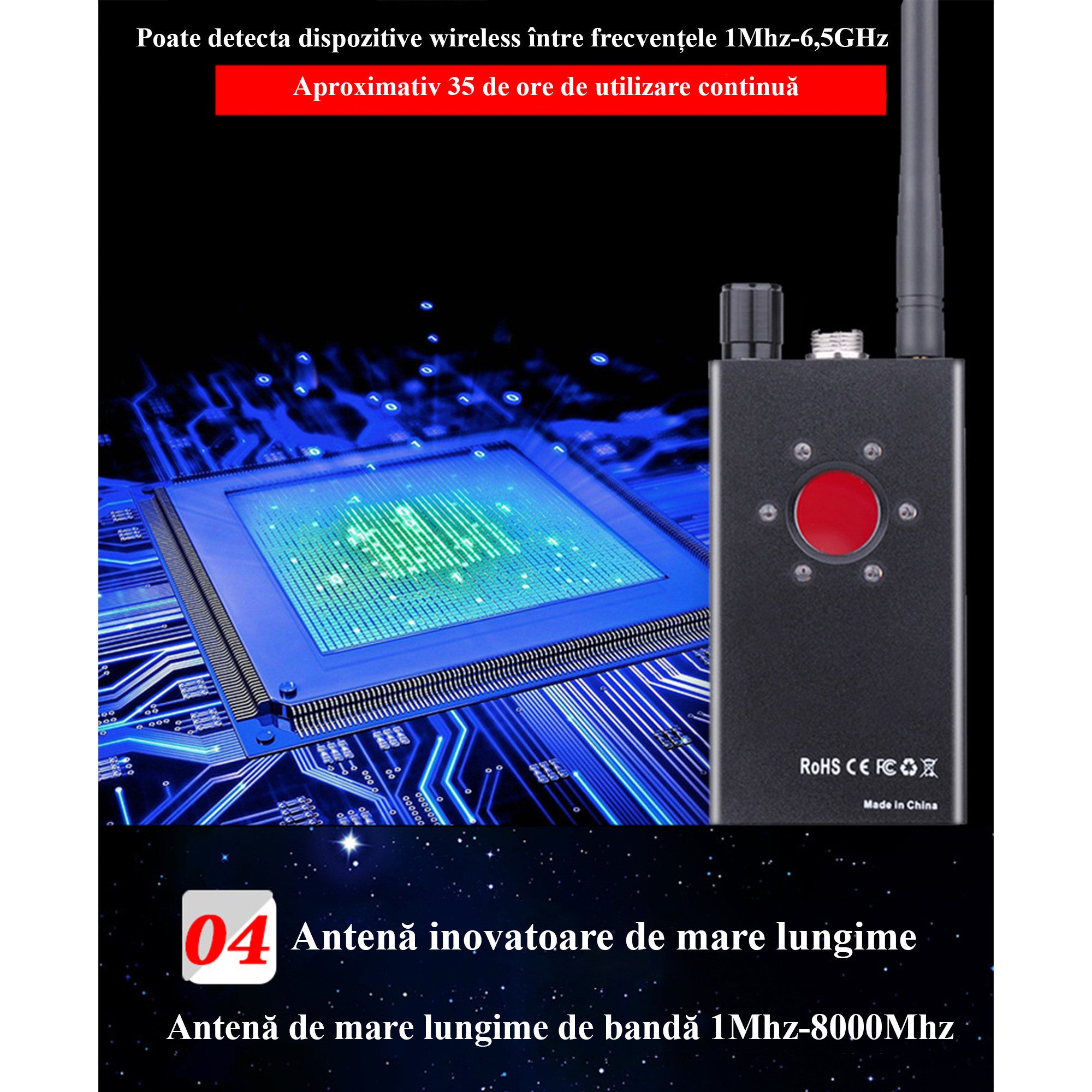 Detector profesional anti spionaj, Invincio K18, detecteaza Camere, Microfoane, Localizatoare GPS sau GSM, semnale wi-fi si dispozitive cu frecvente 1-8000MHZ, lungime 10.5 cm, negru