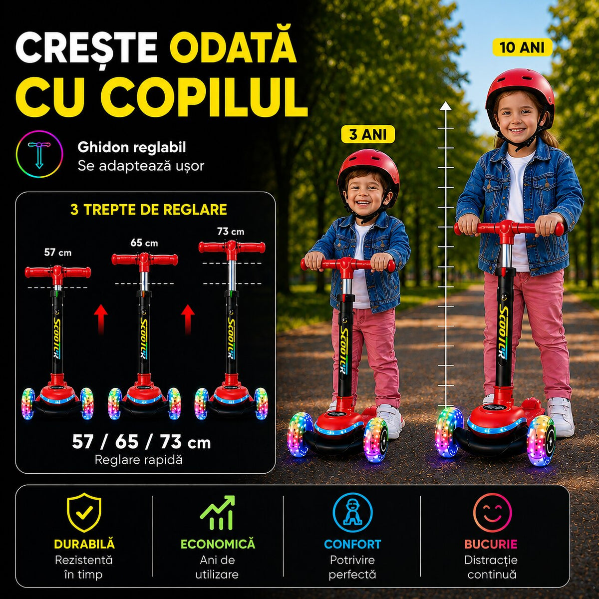 Trotineta Copii 3 Roti Invincio® Happy, Editie cu Lumini LED Complete (Roti/Platforma/Tija), Control Intuitiv prin Inclinare, Materiale Premium Durabile, 3-10 Ani, Rosu Vibrant