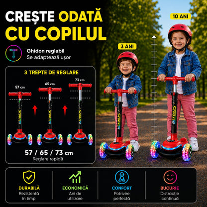 Trotineta Copii 3 Roti Invincio® Happy, Editie cu Lumini LED Complete (Roti/Platforma/Tija), Control Intuitiv prin Inclinare, Materiale Premium Durabile, 3-10 Ani, Rosu Vibrant