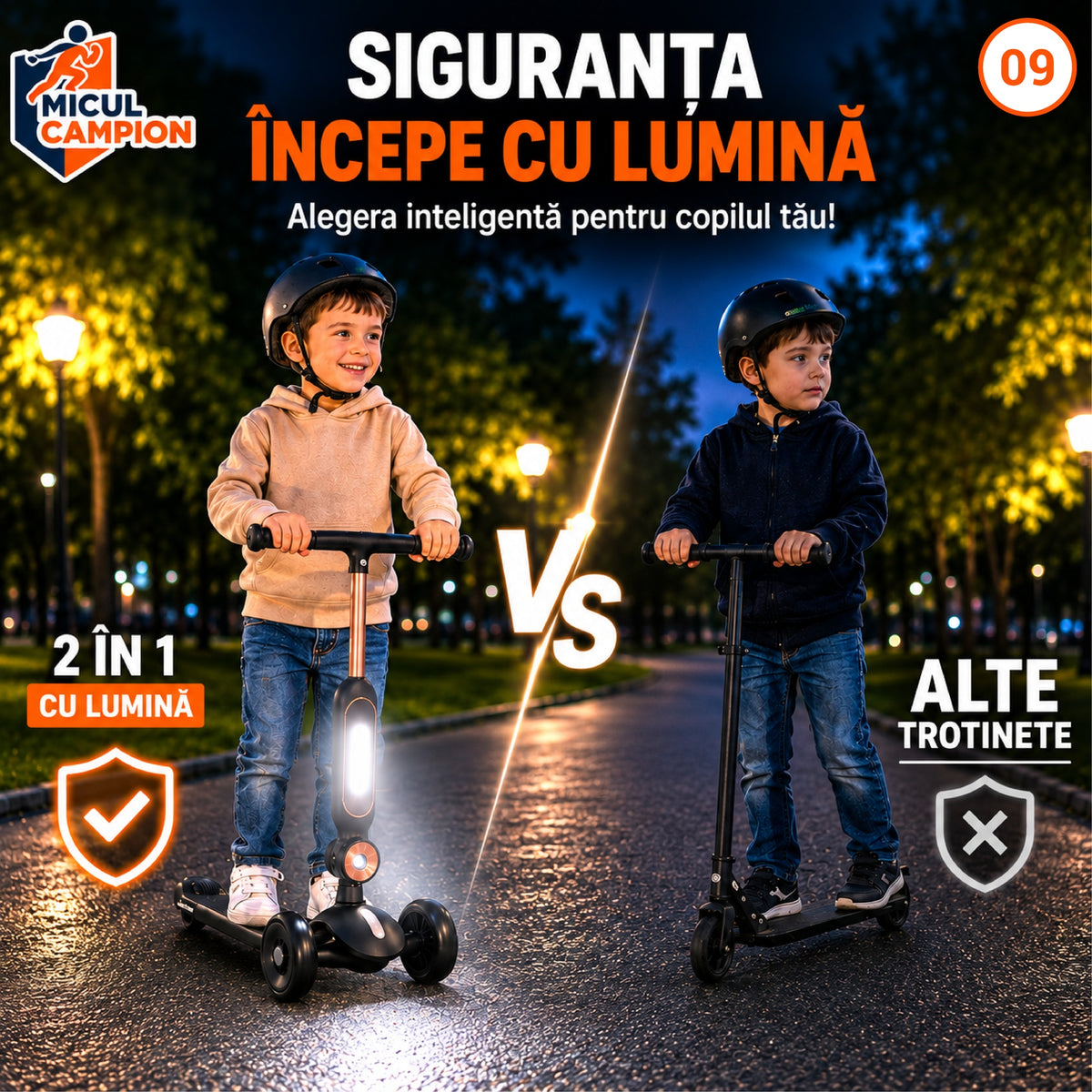 Trotineta copii 2 in 1 cu scaun INVINCIO Play Micul Campion, Bicicleta de echilibru, 3 roti EVA pline si silentioase, Lumina LED frontala Siguranta Sporita, Ghidon reglabil, Pliabila usor de depozitat si transportat, 2-5 ani, max. 30 kg, Negru