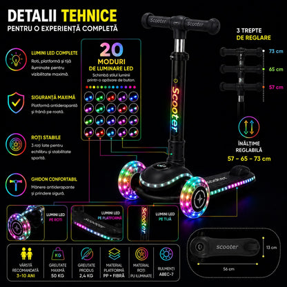 Trotineta Premium 3 Roti Copii Invincio® Happy, Sistem de Iluminat LED Multi-Color, Roti Silentioase cu Rulmenti ABEC-7, Ghidon Reglabil, Design Ergonomic, 3-10 Ani, Negru Carbon