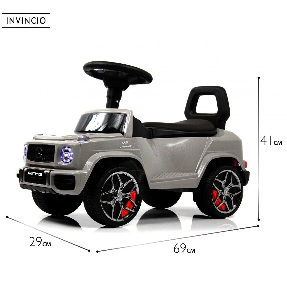 Masina de copii Invincio Mercedes G Class, Muzica si Lumini, Functie de balansoar, Depozitare sub sezut, masinuta cu spatar, Gri metalizat