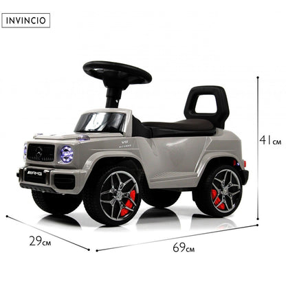 Masina de copii Invincio Mercedes G Class, Muzica si Lumini, Functie de balansoar, Depozitare sub sezut, masinuta cu spatar, Gri metalizat