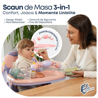 Scaun de Masa Bebelusi INVINCIO Care, Pliabil, 6 Luni +, Stabil si Multifunctional, Spatar si Inaltime Reglabile, Centura Siguranta 5 Puncte, Tavita si Husa Detasabile Lavabile, Roti, Balansoar, Cos Depozitare, Picioare Antiderapante, Roz