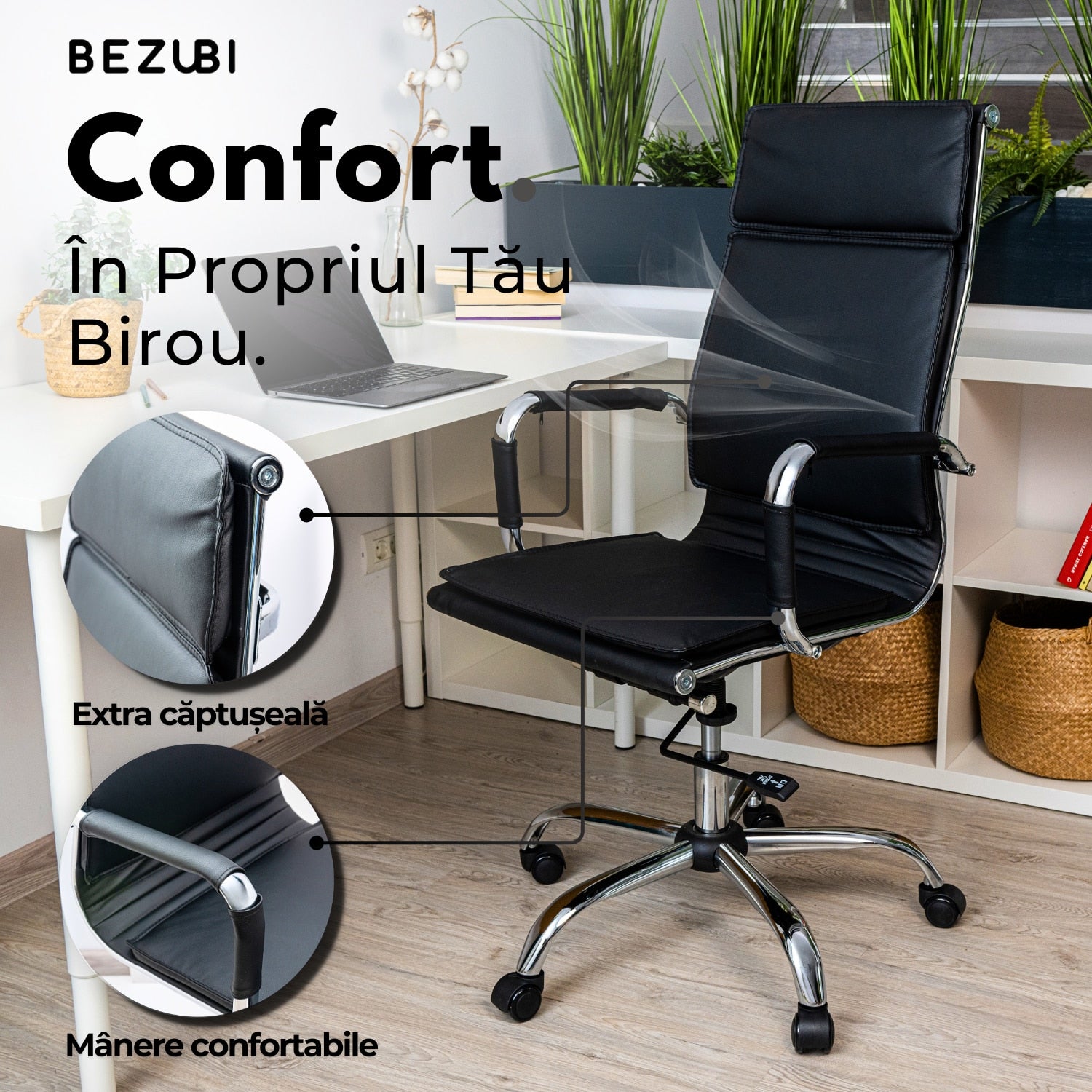 Scaun de birou Bezubi Manager, confortabil, pivotant, ergonomic cu spatar inalt, reglabil pe inaltime si inclinare, tapitat piele ecologica premium, suport pentru brate, cadru cromat, roti silentioase, negru